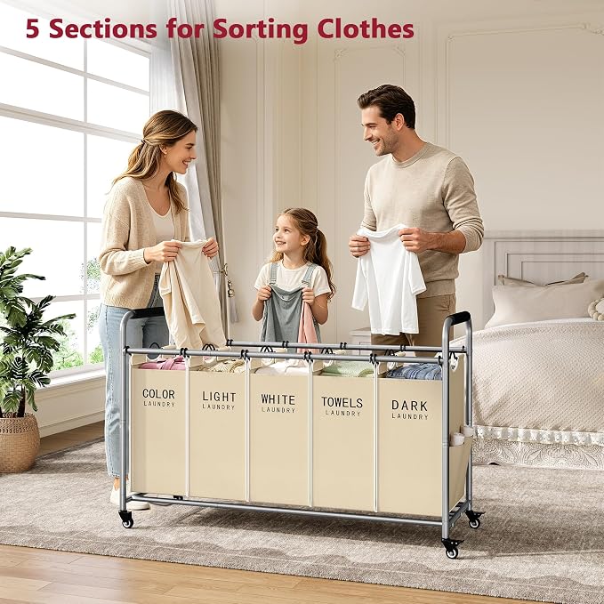 Tajsoon Laundry Sorter 5 Section, Clothes Hamper with Wheels, Beige | 246L Rolling Laundry Sorter Basket for Dirty Clothes Storage, Laundry Separator Hamper for Bathroom, Laundry Room, Family - Image 2