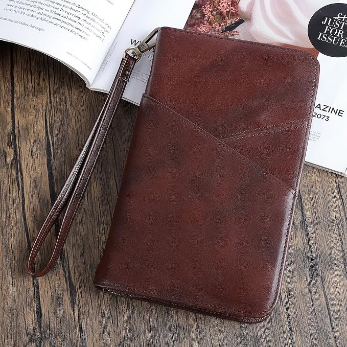 Polare Full Grain Leather Passport Holder With YKK Zipper RFID Blocking Travel Document Organizer Ticket Holder Cover Case Holds 2 Passports (Coffee) - Image 2