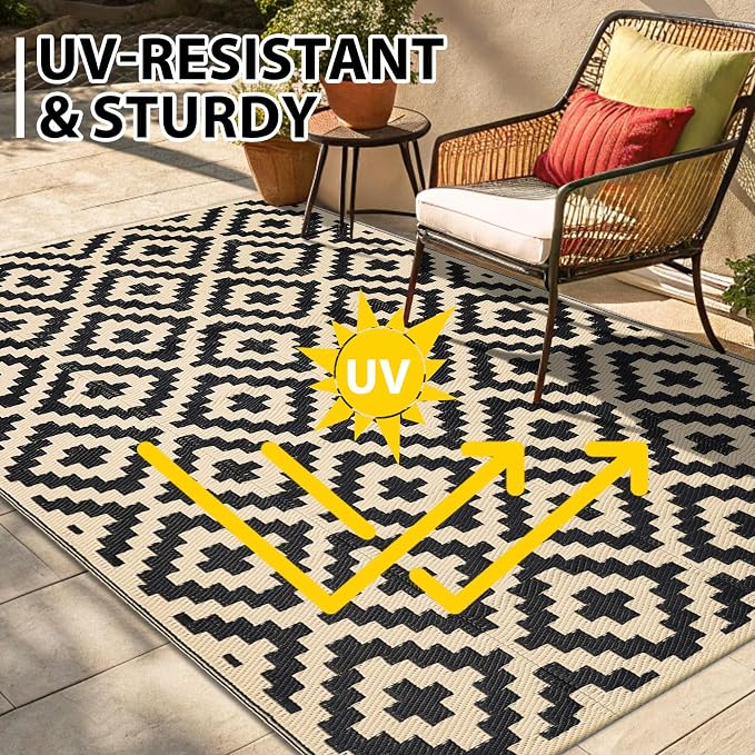 Smiry Waterproof Outdoor Rug 5x8 ft, Reversible Plastic Straw Patio Camping Rugs, Outdoor Indoor RV Mat Carpet for Patio, Outside Entry, Backyard, Deck, Bench, Picnic, Camper, Black & Beige - Image 4