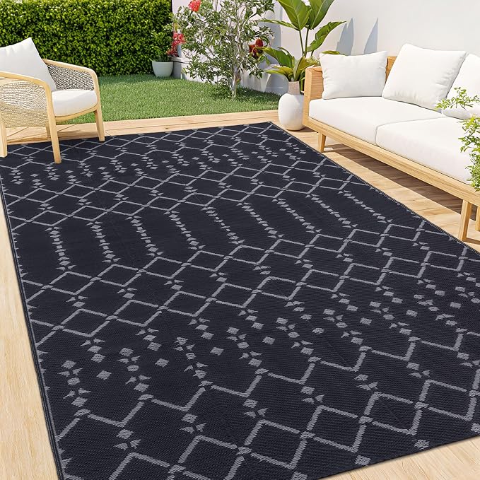 Smiry Outdoor Rug 5x8 ft, Waterproof Reversible Plastic Straw Rugs, Boho Outdoor Area Rug, Outside Floor Mat for Patio, Backyard, Deck, Picnic, Beach, Camping, Dark Grey by Smiry