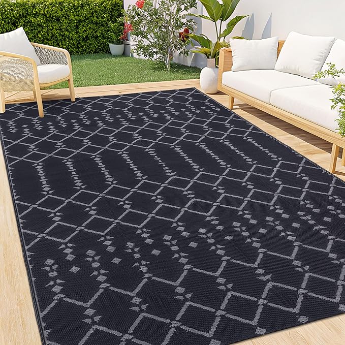 Smiry Outdoor Rug 9x12 ft, Waterproof Reversible Plastic Straw Rugs, Boho Outdoor Area Rug, Outside Floor Mat for Patio, Backyard, Deck, Picnic, Beach, Camping, Dark Grey by Smiry