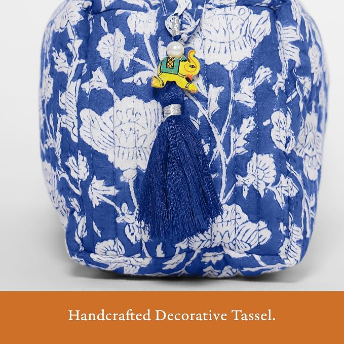 Saffron Marigold Quilted Makeup Bag Set of 3, Hand Block Printed Cotton Cosmetic Bags for Women, Waterproof Lined Travel Toiletry Bag, Coquette Floral Aesthetic, Handmade Gift, Blue Poppy - Image 4