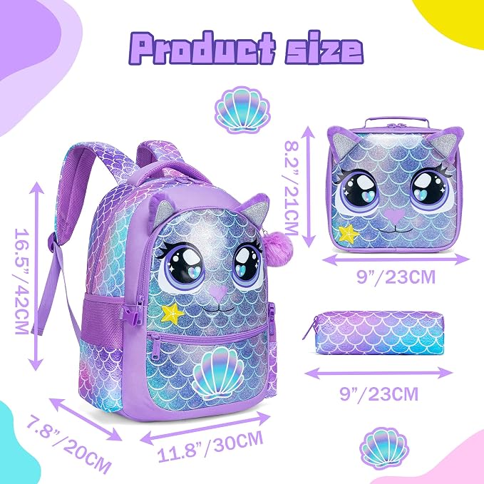 Backpacks for Girls School Bag Cute Girls Backpacks Ages 8-10 with Lunch Box Kids Bookbag Set Travel Backpack for Preschool Kindergarten Elementary Students Backpack to School Supplies - Image 2