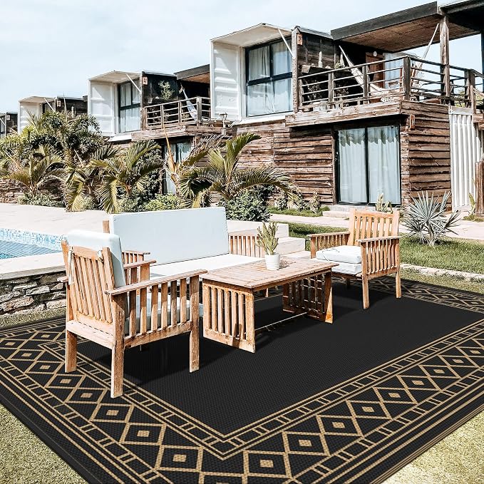 GENIMO Outdoor Rug, Waterproof Plastic Rugs 10'x20' for Camping Black Brown | Outside Larger Modern Carpet Mat for Porch Decor, Deck, Balcony, Camping, RV, Backyard, Picnic, Beach, Reversible - Image 2