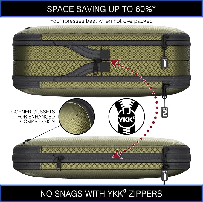 Premium Ultralight Compression Packing Cubes for Travel - Bag Factor Luggage Organizer Set (Double Sided Clean Dirty - Olive Green - 2 Set) - Image 3