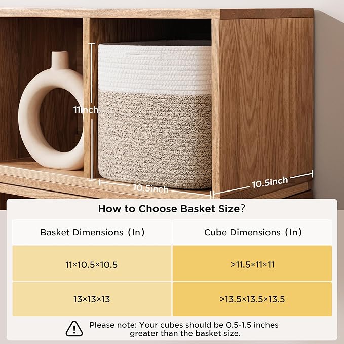 joybest 11inch Cube Storage Bins Set of 4, Cotton Rope Woven Organizer Basket for Shelves, Cube Bin Square Shelves Organizer Closet Storage, Nursery, Toy Organization, Brown&White - Image 2