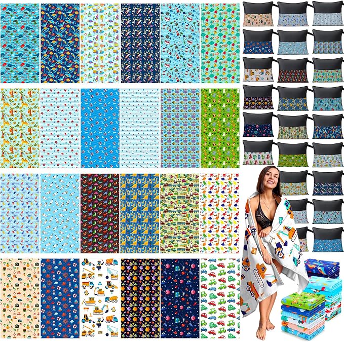Peryiter 48 Pcs Microfiber Beach Towel with Bags Bulk, 24 Large Quick Dry Pool Towels and 24 Storage Bags, 28 x 55 Inch Ocean Blanket for Beach Swimming Summer Party Camping Travel Women by Peryiter