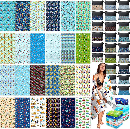 Peryiter 48 Pcs Microfiber Beach Towel with Bags Bulk, 24 Large Quick Dry Pool Towels and 24 Storage Bags, 28 x 55 Inch Ocean Blanket for Beach Swimming Summer Party Camping Travel Women by Peryiter