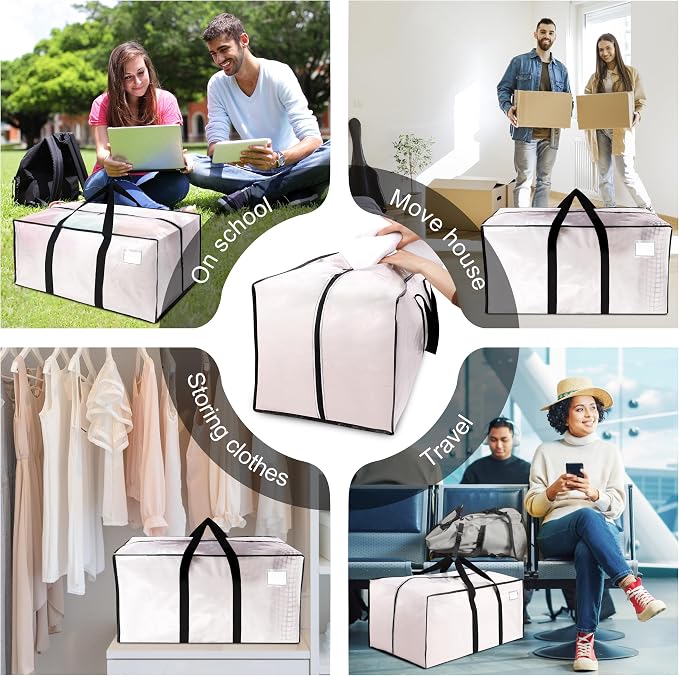 VELVETSURE 12 Pack Heavy Duty Large Moving Bags W/Backpack Straps - Strong Handles & Zippers, Storage Totes For Space Saving, Fold Flat, Alternative to Moving Box and Storage Bin, Semi-Transparent - Image 6