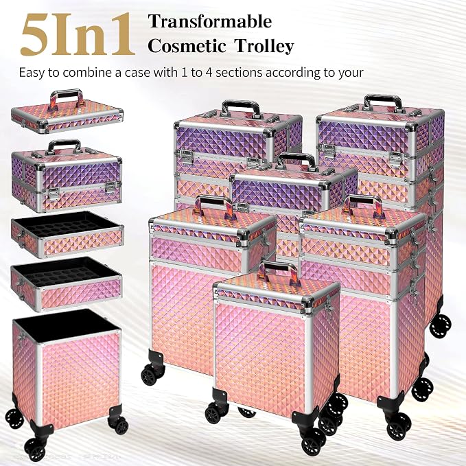5 in 1 Rolling Makeup Train Case on Wheels Large Cosmetic Organizer Travel Cart for Women Beauty Salon Barber Hairstylist Pink - Image 4