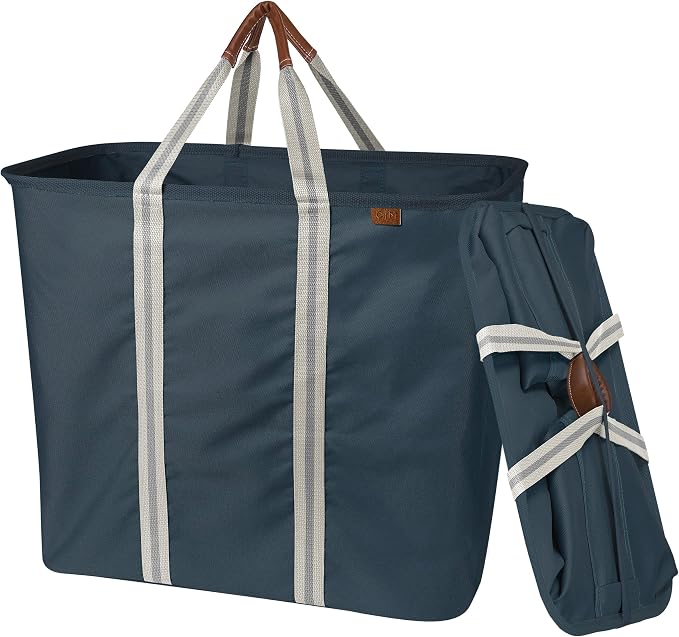 CleverMade LUXE Collapsible Laundry Caddy, 64L, 2 Pack, Navy Noir | Refined fabric and vegan leather details suit open rooms. The structured frame carries 2 loads and folds flat for storage. - Image 8
