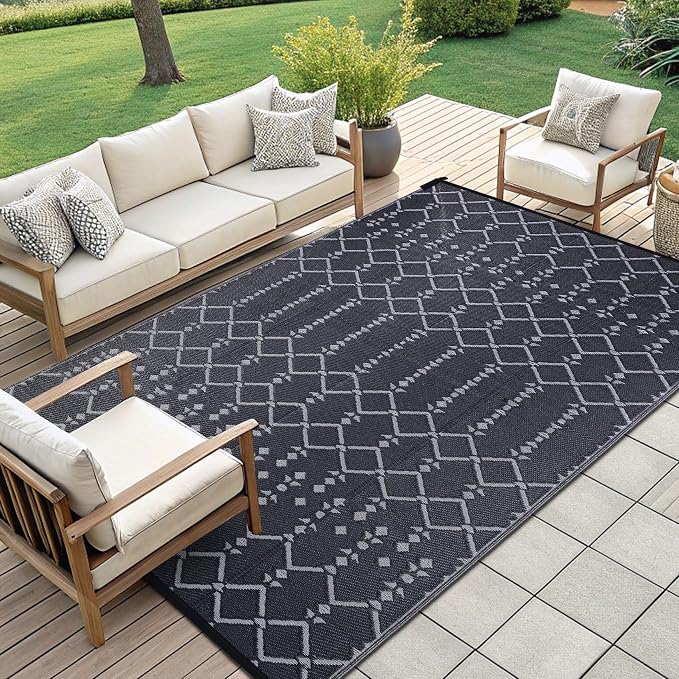 Smiry Outdoor Rug 9x12 ft, Waterproof Reversible Plastic Straw Rugs, Boho Outdoor Area Rug, Outside Floor Mat for Patio, Backyard, Deck, Picnic, Beach, Camping, Dark Grey - Image 7