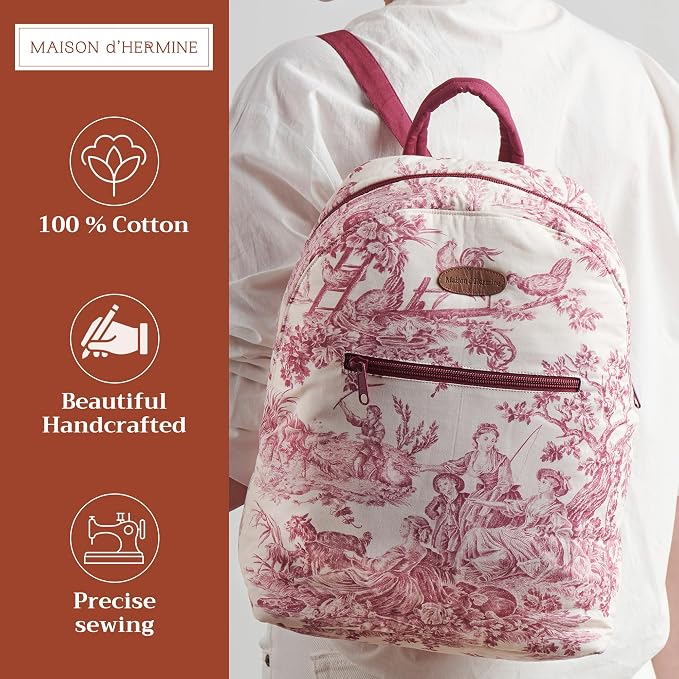 Maison d' Hermine Backpack for Women Men Cotton Shoulder Multipurpose Rucksack with Small Pouch Lightweight Multi Pocket Bag for Travel Work Beach Perfect for Spring Summer (The Miller - Red) - Image 2