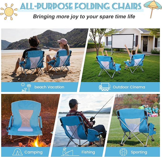 HaSteeL Low Beach Chairs for Adults, Lightweight Camping Folding Chair with Carrying Bag, Portable for Outdoors Lawn Backyard Patio RV Trip Fishing Sport Tailgating, Support 300LBS, Blue, 2 Pack - Image 7