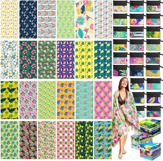 Peryiter 48 Pcs Microfiber Beach Towel with Bags Bulk, 24 Large Quick Dry Pool Towels and 24 Storage Bags, 28 x 55 Inch Hawaiian Blanket for Beach Swimming Summer Party Camping Travel Women by Peryiter