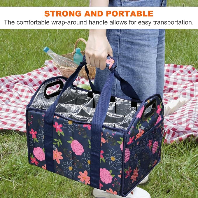 12 Bottle Wine Carrier Collapsible Bottle Caddy with Handles Storage Box for Travel Picnics Weddings Shopping Wine Tasting (Blue Floral) - Image 7