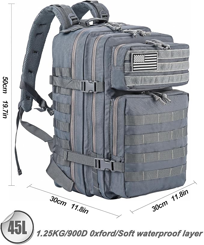 LHI Military Tactical Backpack for Men and Women 45L Army 3 Days Assault Pack Bag Large Rucksack with Molle System - Grey - Image 3