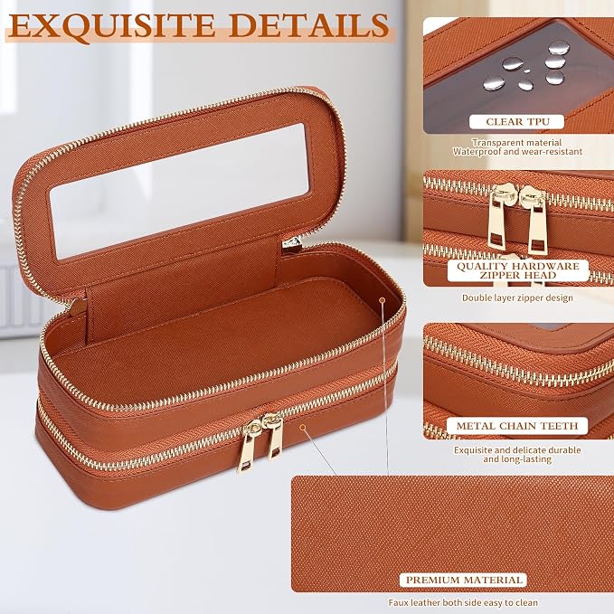Double Layer Makeup Bag Makeup Brush Case Waterproof Travel Cosmetic & Toiletry Bag Purse Organizer and Car Essentials for Women (Brown, 2-Layer SLIM) - Image 6