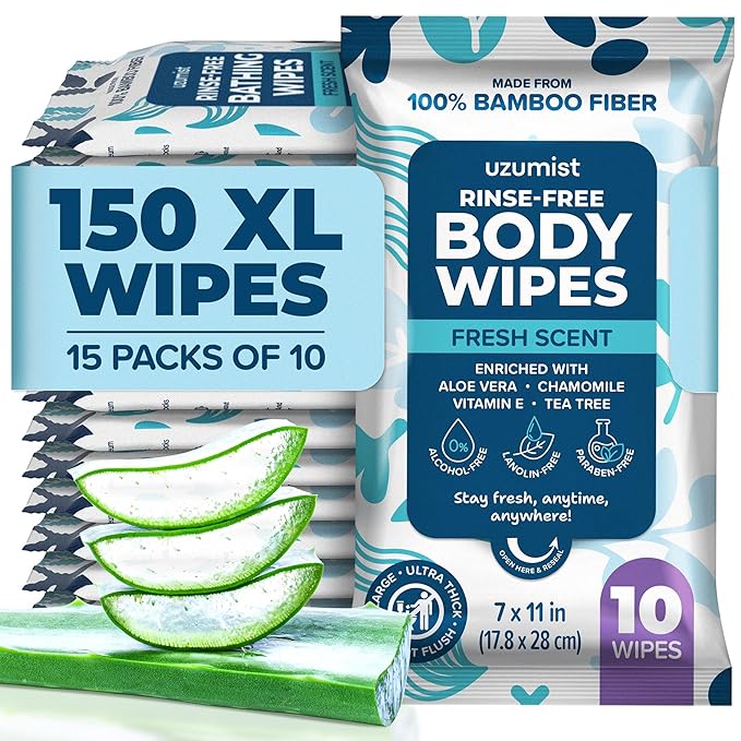 Body Wipes for Adults Bathing No Rinse 150pc XL - Ultra Thick Shower Travel Wipes for Personal Cleansing & Hygiene Essentials, Elderly Care, Incontinence Disposable Washcloths for Women Men