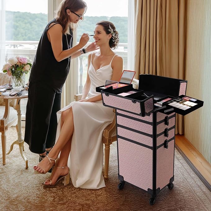 BYOOTIQUE Rolling Makeup Case 4in1 Cosmetology case on wheels Makeup Artist | Aluminum Rolling Makeup Suitcase with 360° Detachable Wheel Lockable 54Lb Large Capacity Organizer Nail Tech AD Bloom - Image 7