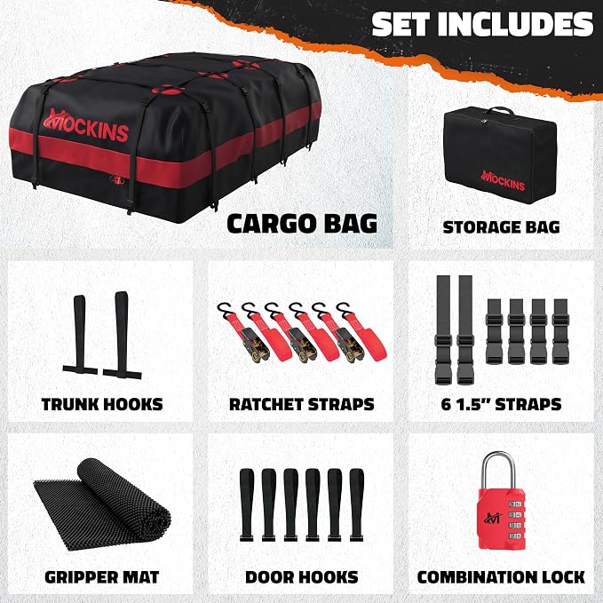 Mockins 45 Cu Ft XL Waterproof Rooftop Cargo Bag 75"x48"x22" | Car Roof Cargo Carrier Bag for Use with or without Roof Rack | Vehicle Soft-shell Carriers w/ Mat, Lock, Hooks, Straps & Case - Image 9
