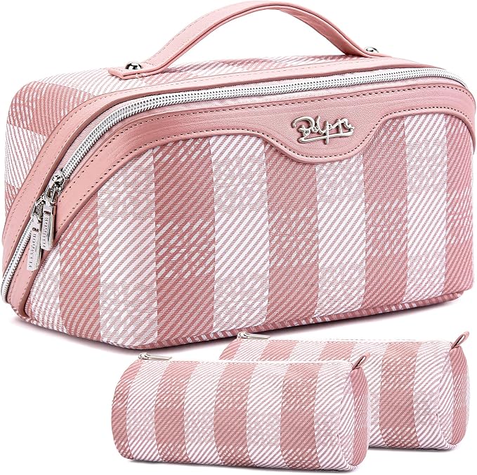 BOYATU Travel Makeup Bag Organizer Cosmetic Bag: 3 Pcs Set Make up Bags for Women with Handle - Waterproof Vegan Leather Toiletry Bags Travel Essentials Pouch with Compartments (F-03-Pink) by BOYATU