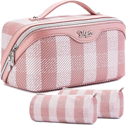 BOYATU Travel Makeup Bag Organizer Cosmetic Bag: 3 Pcs Set Make up Bags for Women with Handle - Waterproof Vegan Leather Toiletry Bags Travel Essentials Pouch with Compartments (F-03-Pink) by BOYATU