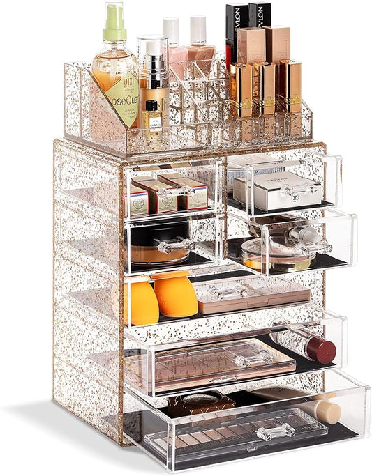 Sorbus Acrylic Makeup Organizer Set, 7-Drawer Vanity & Countertop Cosmetic Storage with Small & Wide Compartments, Glitter Makeup Storage for Brushes, Jewelry – Holiday Gift for Women & Teens by Sorbus