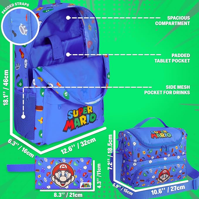 Get Trend Super Mario Boys Backpack, Lunch Bag & Pencil Case, 3 Piece Set | 18in Bookbag, Adjustable Padded Straps, Lightweight Insulated Lunch Bag, Pencil Pouch, School Supplies, Gamer Gifts for Boys - Image 3