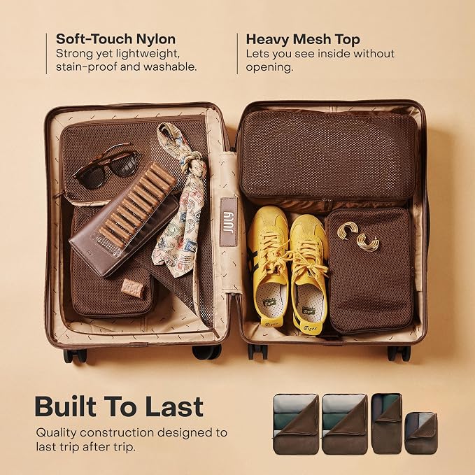 July Packing Cells - 4 Set Packing Cubes Luggage Organizer Bags (S, M, 2 x L), Must-Have Suitcase Organizer for Travel, Road Trip & Camping Accessories, Stain-proof, Washable, 3 Sizes - Dark Brown - Image 6