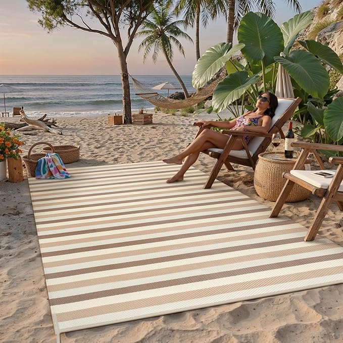 PureCozy Outdoor Waterproof Patio Rug 9x12 Plastic Straw Reversible Outside Beige Striped Carpet Lightweight Large Rug for Camping RV Porch Deck Balcony Beach - Image 5