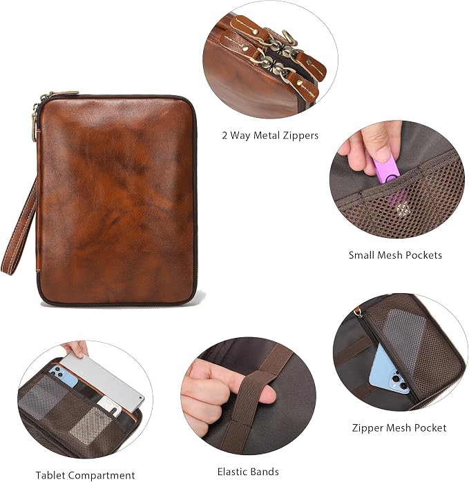 LANNSYNE Full Grain Leather Travel Cable Accessories Bag, Electronic Organizer Carry Case Double Layer Storage Case for Cables, Charger, Phone, Power Bank - Image 5