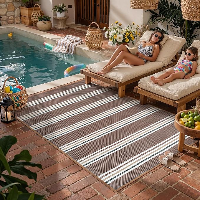 PureCozy Outdoor Waterproof 6x9 Rug for Patio Reversible Plastic Straw Brown Striped Camping Mat Outside Lightweight Large Floor Mat for RV Deck Beach Balcony Picnic Backyard Entry Porch by PureCozy