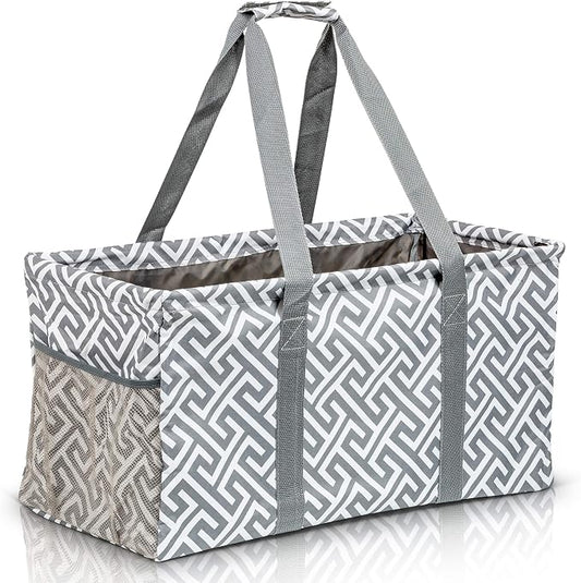 Extra Large Utility Tote Bag, Oversized Collapsible Reusable Wire Frame Rectangular Canvas Basket With Two Exterior Pockets For Beach, Pool, Laundry, Car Trunk, Storage - Geo Grey by Lucazzi