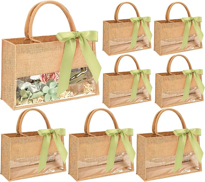 gisgfim 8 Pack Burlap Tote Bags Bachelorette Gift Bag with Clear PVC Window and Sage Green Ribbon DIY Bridesmaids Gift Bag Reusable Grocery Bags with Handle for Wedding Beach Shower Party by gisgfim