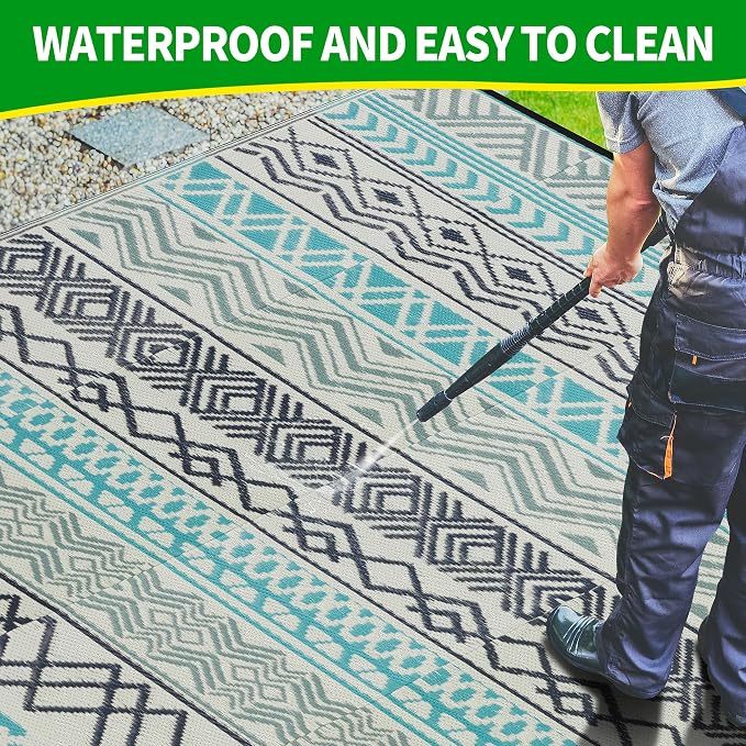 Outdoor Rugs, Outdoor Plastic Straw Rug, Reversible Waterproof Carpet for Camping, Poolside, Garden, BBQ Area, Gazebo Flooring, RV Park & Beach, Bohemian Style, 9x12 - Image 7