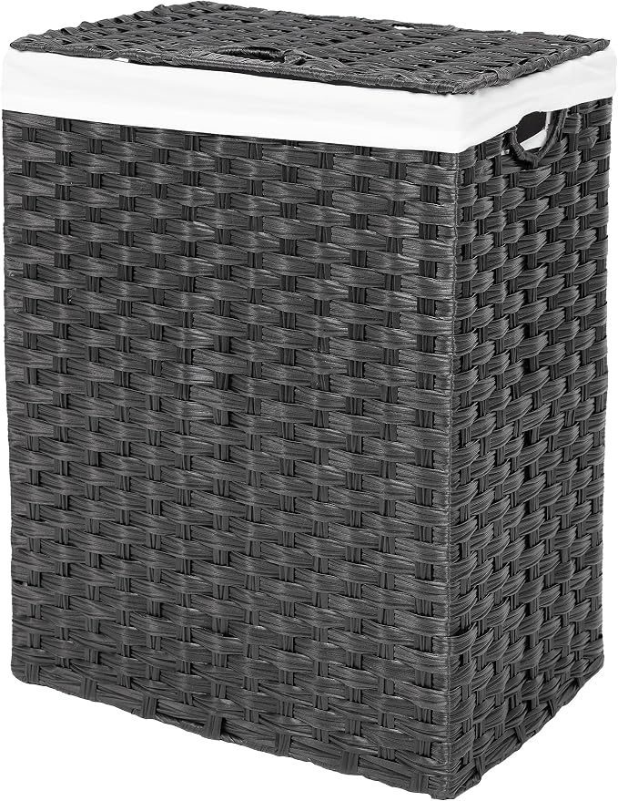 Seville Classics Premium Handwoven Portable Laundry Bin Basket with Carrying Handles, Household Storage for Clothes, Linens, Sheets, Black, Rectangular Hamper - Image 3
