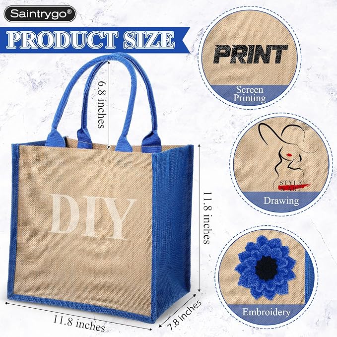 Saintrygo 12 Pcs Burlap Jute Tote Bags with Handle Reusable Blank Bridesmaid Gift Bags for Shopping Wedding DIY, 12x12x7.7In(Jute and Blue) - Image 2