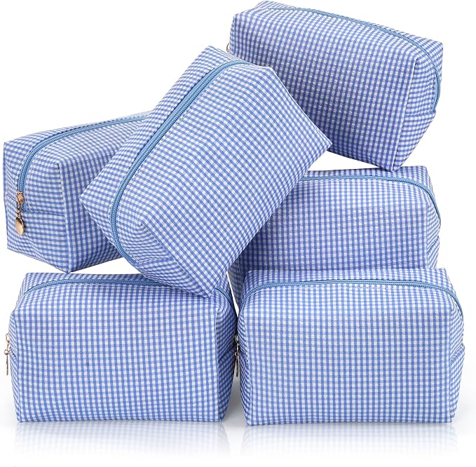 Makeup Bag Set for Women, 6PCS Travel Cosmetic Bags Pencil Case, Checkered Seersucker Toiletry Organizer Pouches, Cute Makeup Pouch for Purse, Accessories and Gifts, Blue Gingham by Unknown