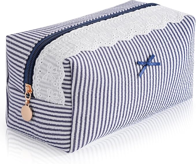 Makeup Bag Travel Toiletry Bag for Women, Small Cosmetic Bags with Lace Trim Cute Navy Stripe Aesthetic Organizer Makeup Pouch for Purse Emergency Bag Pencil Case Accessory Bag by Unknown