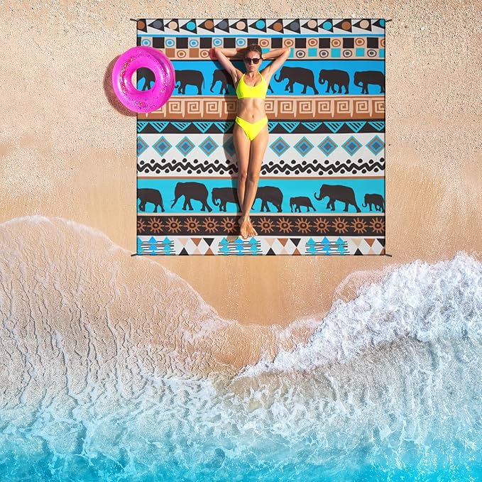 HIHOHO Beach Blanket Waterproof Sandproof Beach Mat for 1-8 Adults Quick Drying Durable Outdoor Picnic Mat for Beach Festival Travel Camping Hiking (Elephant-GN, 79"×83"(4 Person)) - Image 6