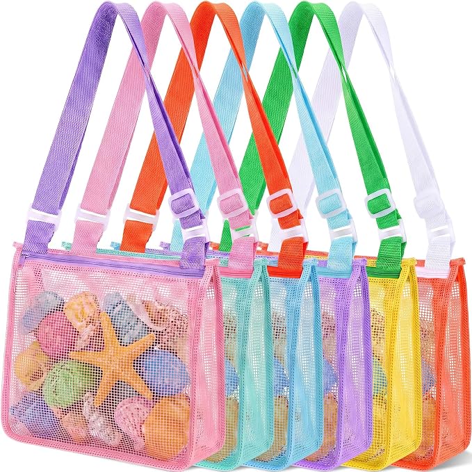Frienda 6 Pcs Mesh Beach Bag Beach Seashell Bag Shell Collecting Sand Toy Totes Colorful Swimming Accessories Storage Pouch with Adjustable Carrying Straps for Men and Women (Colors B) by Frienda