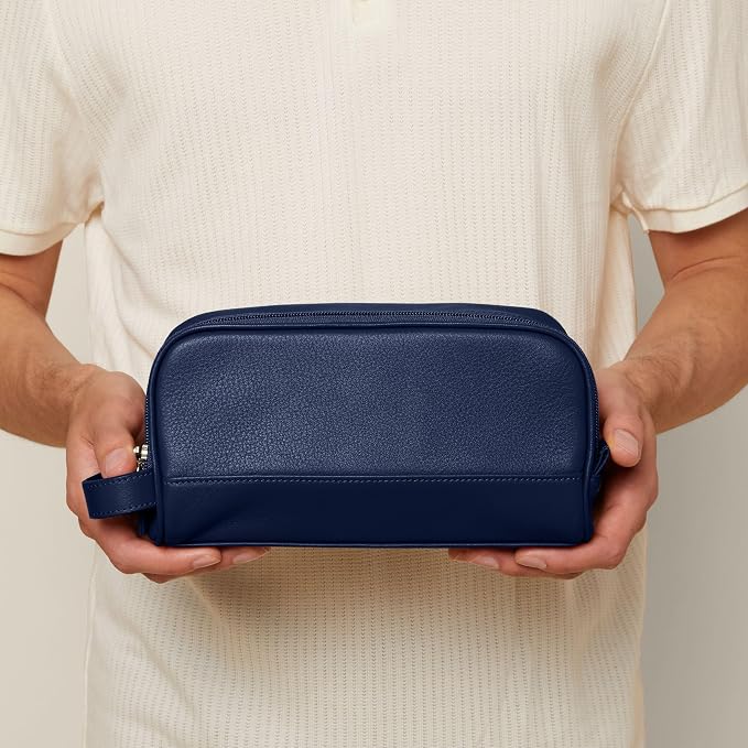 Leatherology Navy Blue Leather Toiletry Bag – Small Double Zip Dopp Kit – Full Grain Leather Travel Organizer with Water-Resistant Lining – Compact Grooming Bag for Men or Women - Image 2