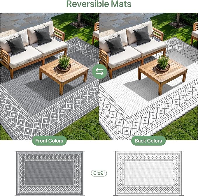 GENIMO Outdoor Rug Waterproof for Patio Decor, 6'x9' Reversible Plastic Straw Area Carpet, Camping Outside Mat for Outdoor, RV, Deck, Camper, Balcony, Picnic, Grey & White | Outside Larger Modern Carpet Mat for Porch Decor, Deck, Balcony, Camping, RV, ... - Image 4