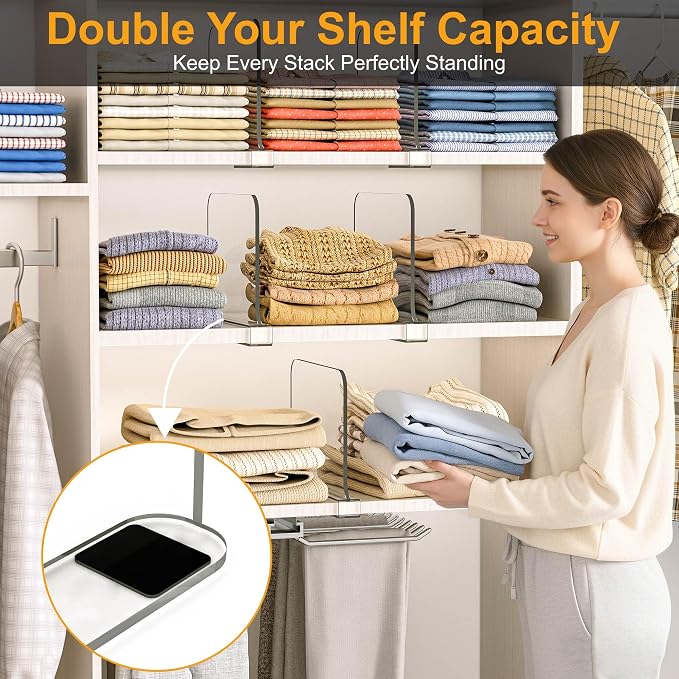 OKPOW Shelf Dividers for Closet Organization: 6 Pack 8" Tall X 12" Deep Acrylic Clear Sturdy Separators for Clothes Purse - Adjustable Easy Install Storage for Wood Cabinet Home Organizer Housewife - Image 3