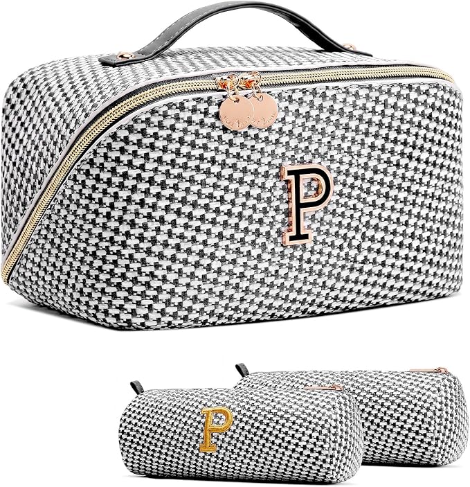 Personalized Gift Travel Makeup Bag: Initial Makeup Organizer Bag for Women | 3-in-1 Custom Make up Bag Set - Vegan Leather Travel Cosmetic Bag - Luxury Gift for Women – Birthday, Anniversary, Graduation by Unknown