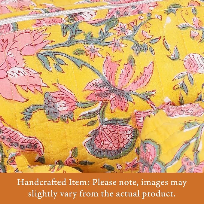 Saffron Marigold Quilted Makeup Bag Set of 3, Hand Block Printed Cotton Cosmetic Bags for Women, Waterproof Lined Travel Toiletry Bag, Coquette Floral Aesthetic, Handmade Gift, Summer Garden - Image 2