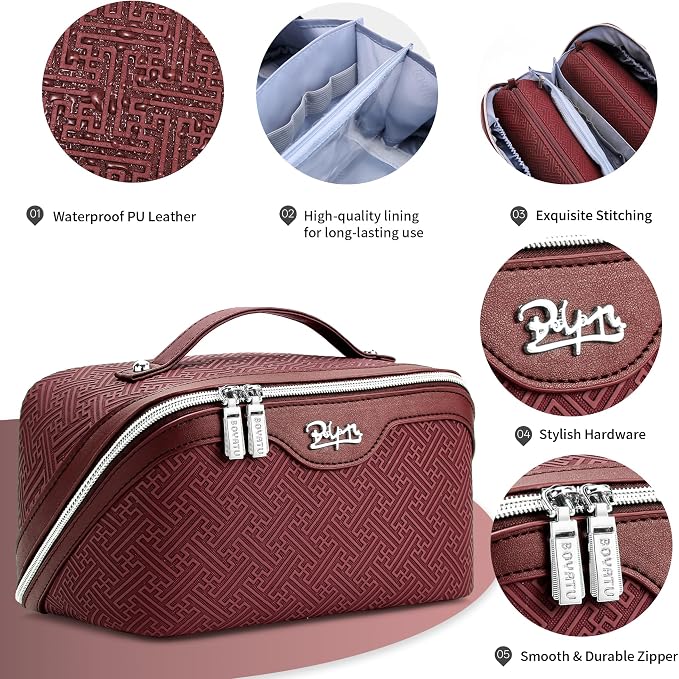 BOYATU Travel Makeup Bags for Women: Vintage Roman Column Texture | Each Journey, Quiet Luxury Serenity - 3 Pcs Set Large Capacity Cosmetic Bag Organizer Toiletry Purse(Burgundy) - Image 4