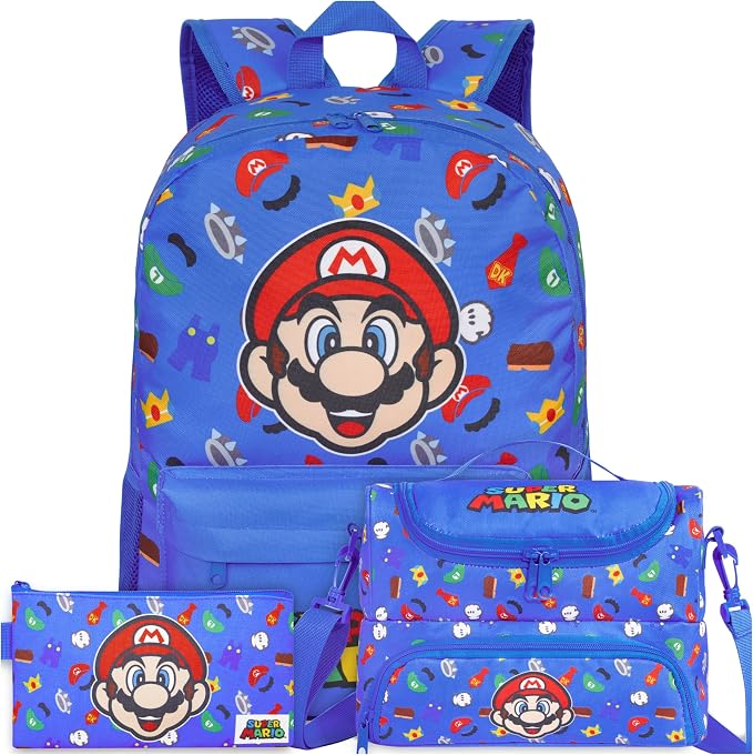 Get Trend Super Mario Boys Backpack, Lunch Bag & Pencil Case, 3 Piece Set | 18in Bookbag, Adjustable Padded Straps, Lightweight Insulated Lunch Bag, Pencil Pouch, School Supplies, Gamer Gifts for Boys by GetTrend