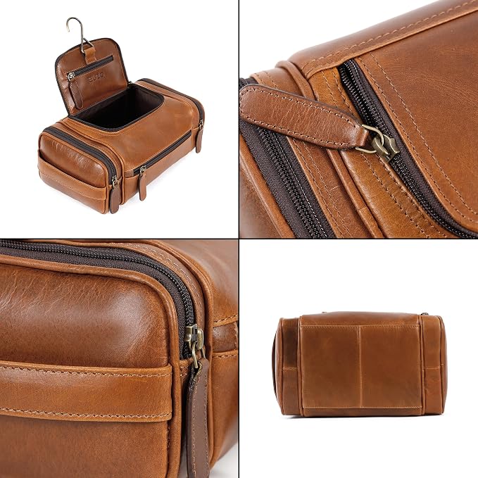 ELIZO Real Leather Toiletry Bag for Men - Large Hanging Travel Organizer for Toiletries, Ideal for Dopp Kit & Shaving Kit for Men, Essential Mens Travel Toiletry Bag for Toiletries (Cognac) - Image 7